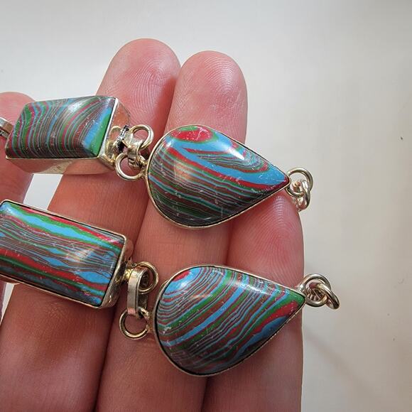 Handmade Sterling Silver Necklace Featuring Colorful Multi-Striped Polymer Stone - Picture 9 of 10